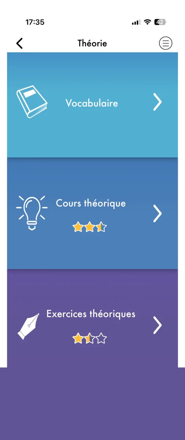 Écran Théorie d'Aurelux avec les sections Vocabulaire, Cours théorique et Exercices théoriques