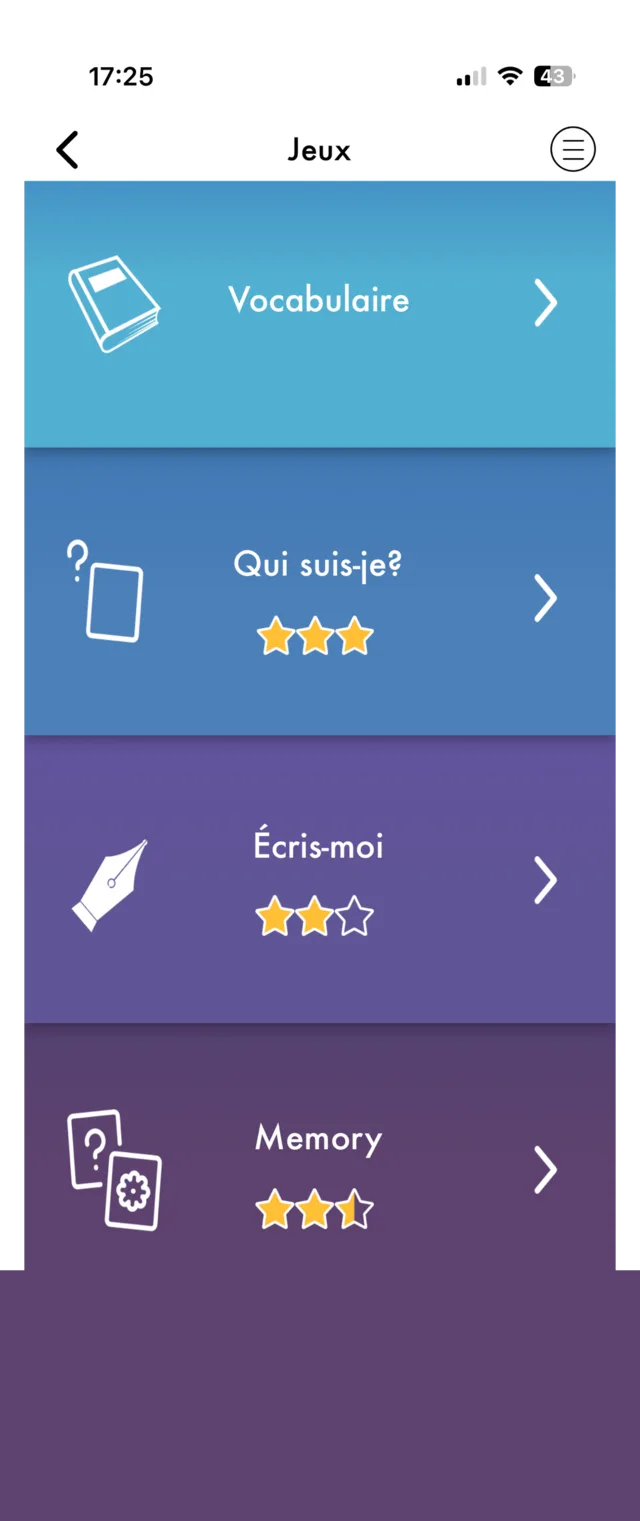 Écran Jeux d'Aurelux listant les jeux Vocabulaire, Qui suis-je, Écris-moi et Memory