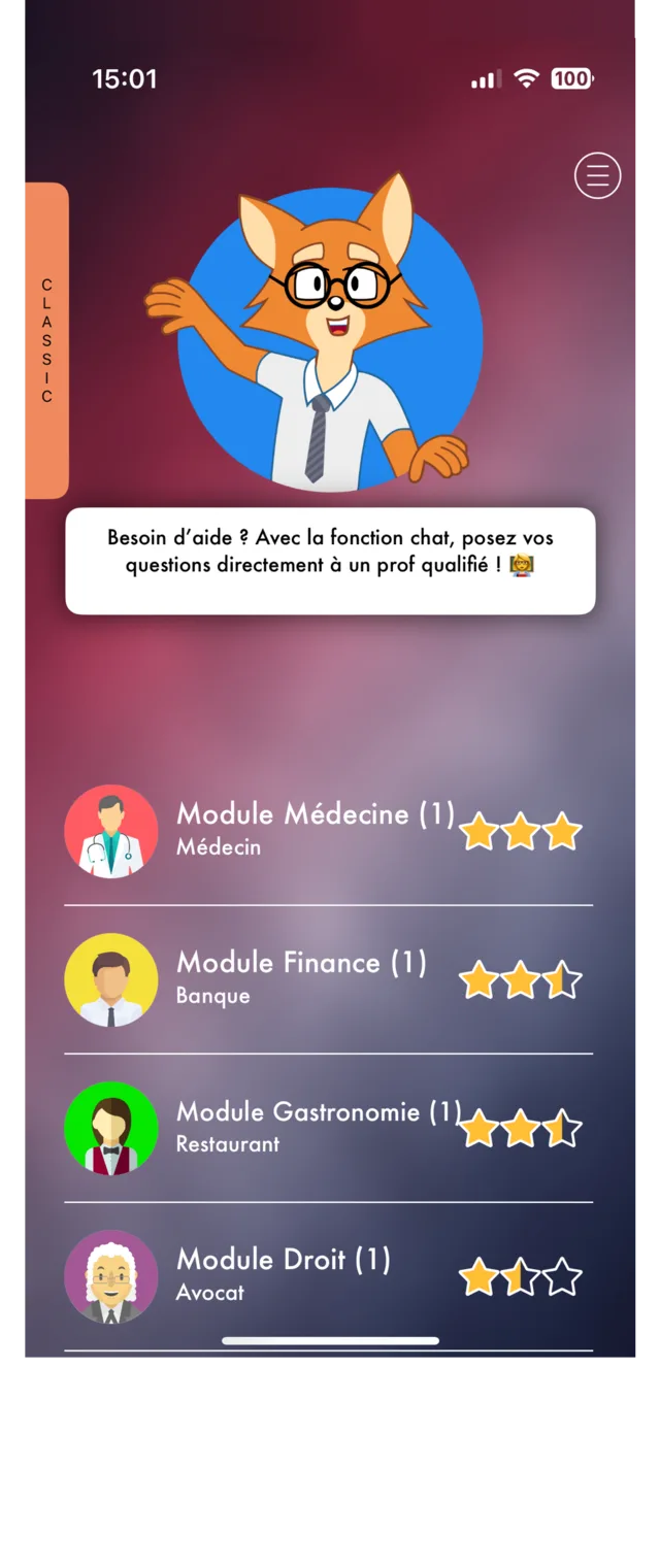 Écran des modules professionnels d'Aurelux : médecine, finance, gastronomie et droit