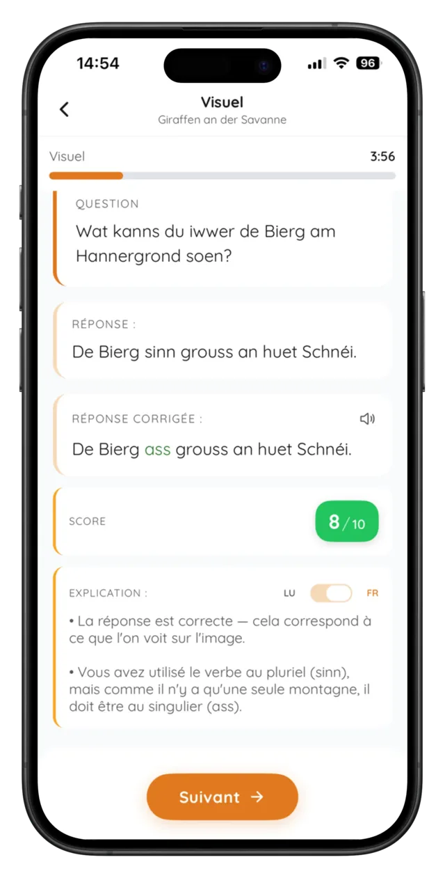 Écran d'entraînement à la compréhension orale dans Sproochentest AI