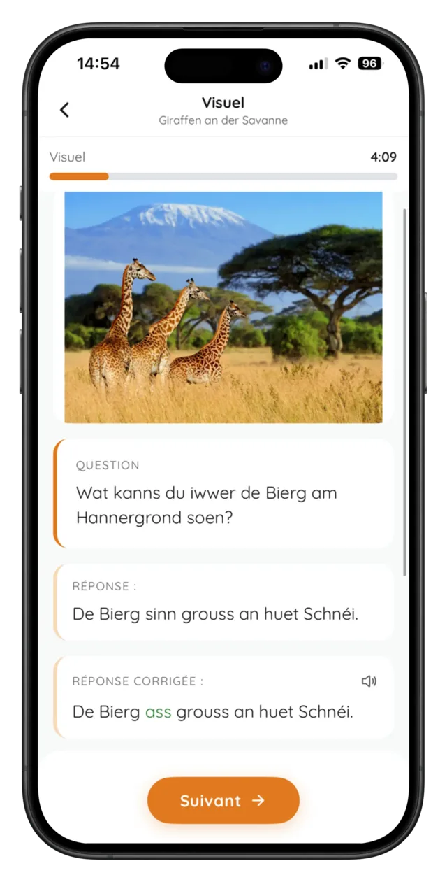 Écran d'exercice d'expression orale guidée dans Sproochentest AI