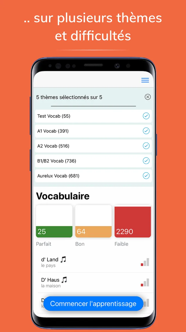 Écran de choix des thèmes de vocabulaire dans Wuertschatz